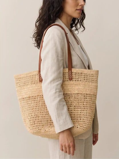 Handwoven Raffia Tote with Genuine Leather Handles