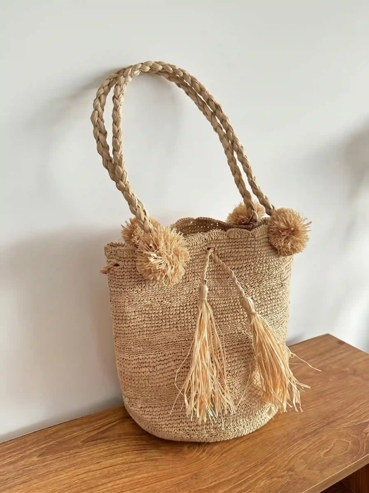 Pom-Pom Raffia Bucket Bag