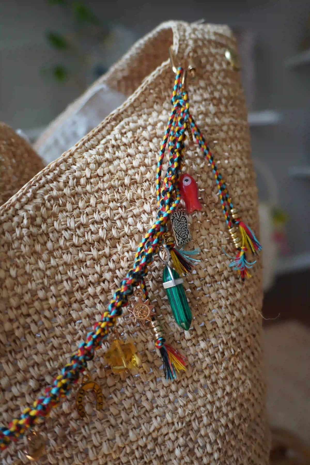 Handwoven Raffia Charm Shoulder Bag