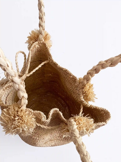 Pom-Pom Raffia Bucket Bag
