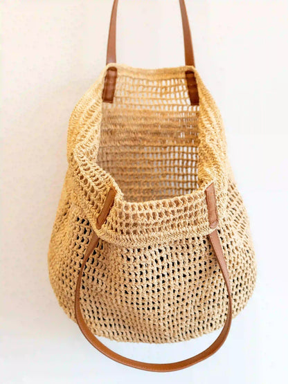 Handwoven Raffia Tote with Genuine Leather Handles