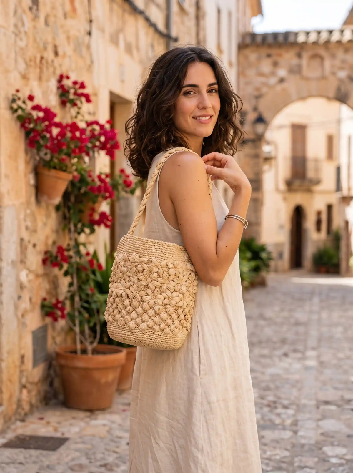 3D Floral Raffia Bucket Bag