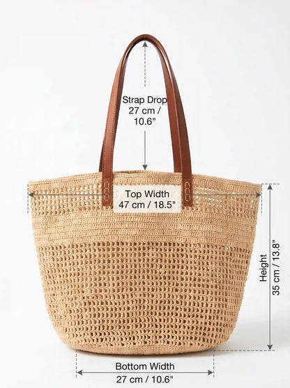 Handwoven Raffia Tote with Genuine Leather Handles
