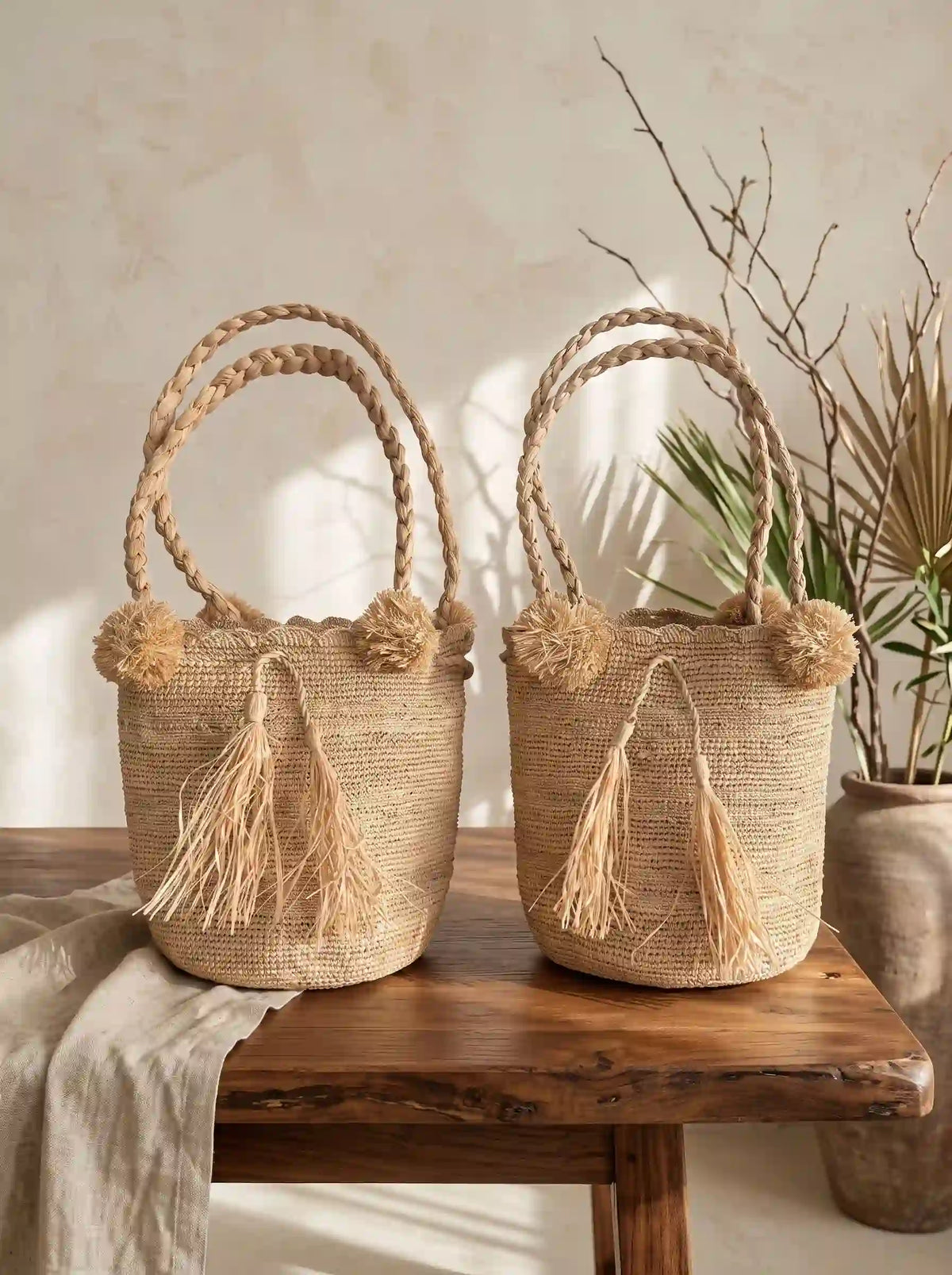 Pom-Pom Raffia Bucket Bag