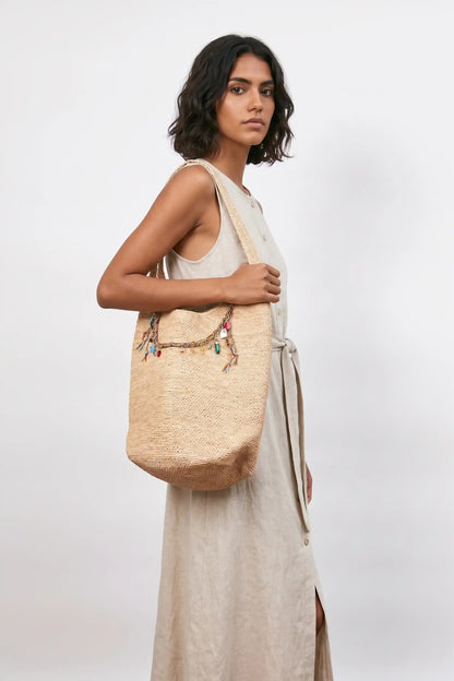 Handwoven Raffia Charm Shoulder Bag
