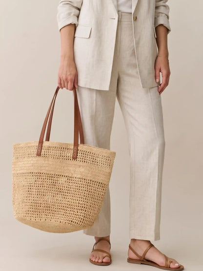 Handwoven Raffia Tote with Genuine Leather Handles