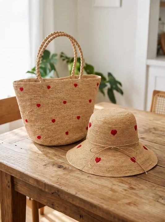 The Heart-Embroidered Artisanal Raffia Set