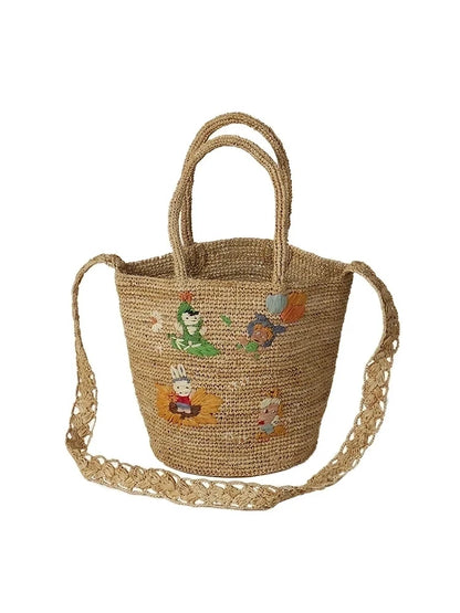The Fiorella Embroidered Raffia Bucket Bag