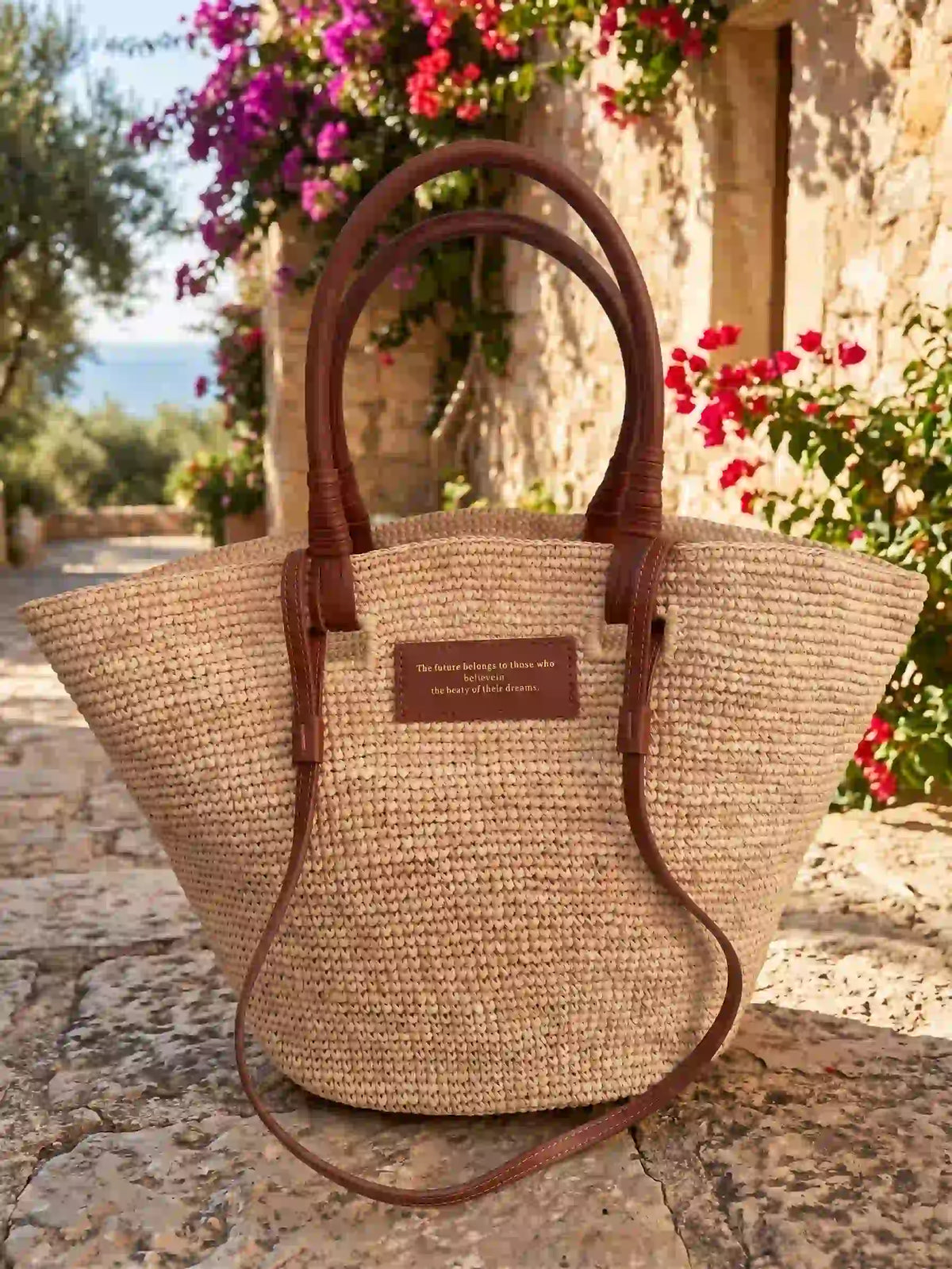 French Chic Basket Bag with Genuine Leather Straps