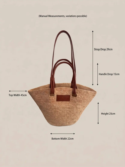French Chic Basket Bag with Genuine Leather Straps