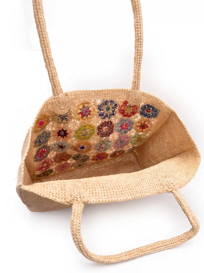 Handmade Floral Crochet Raffia Tote Bag