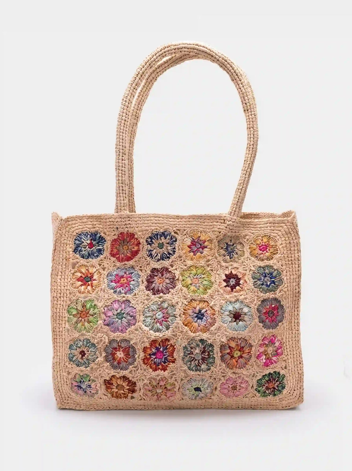 Handmade Floral Crochet Raffia Tote Bag
