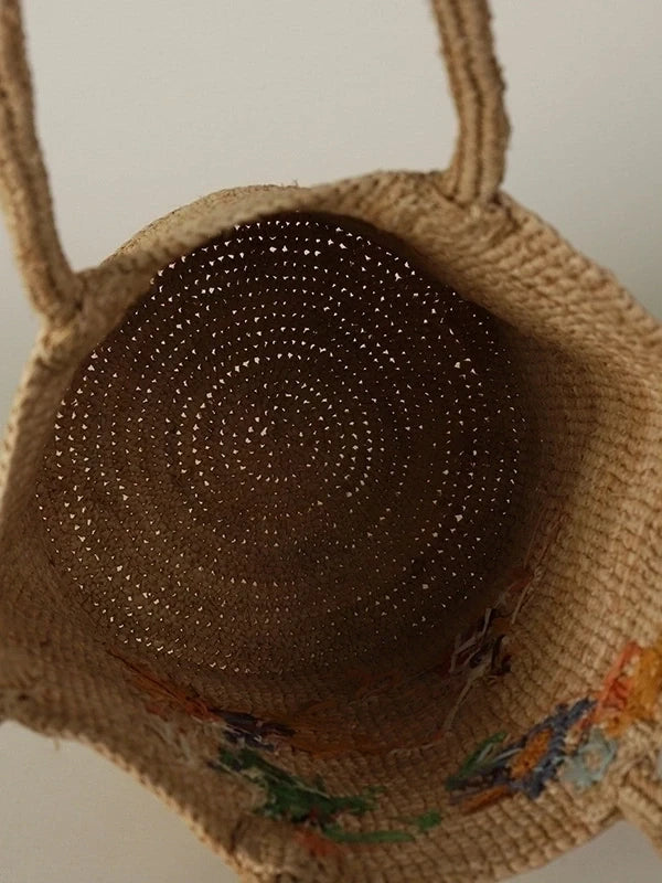 The Fiorella Embroidered Raffia Bucket Bag