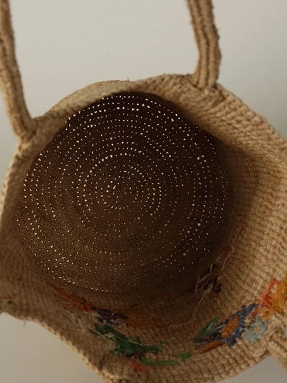 The Fiorella Embroidered Raffia Bucket Bag