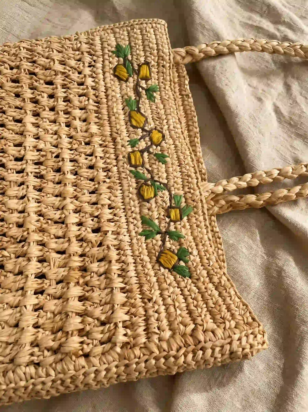 Artisan Floral Embroidered Raffia Tote