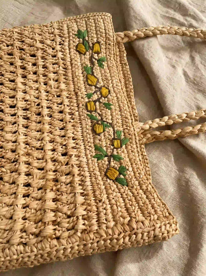 Artisan Floral Embroidered Raffia Tote