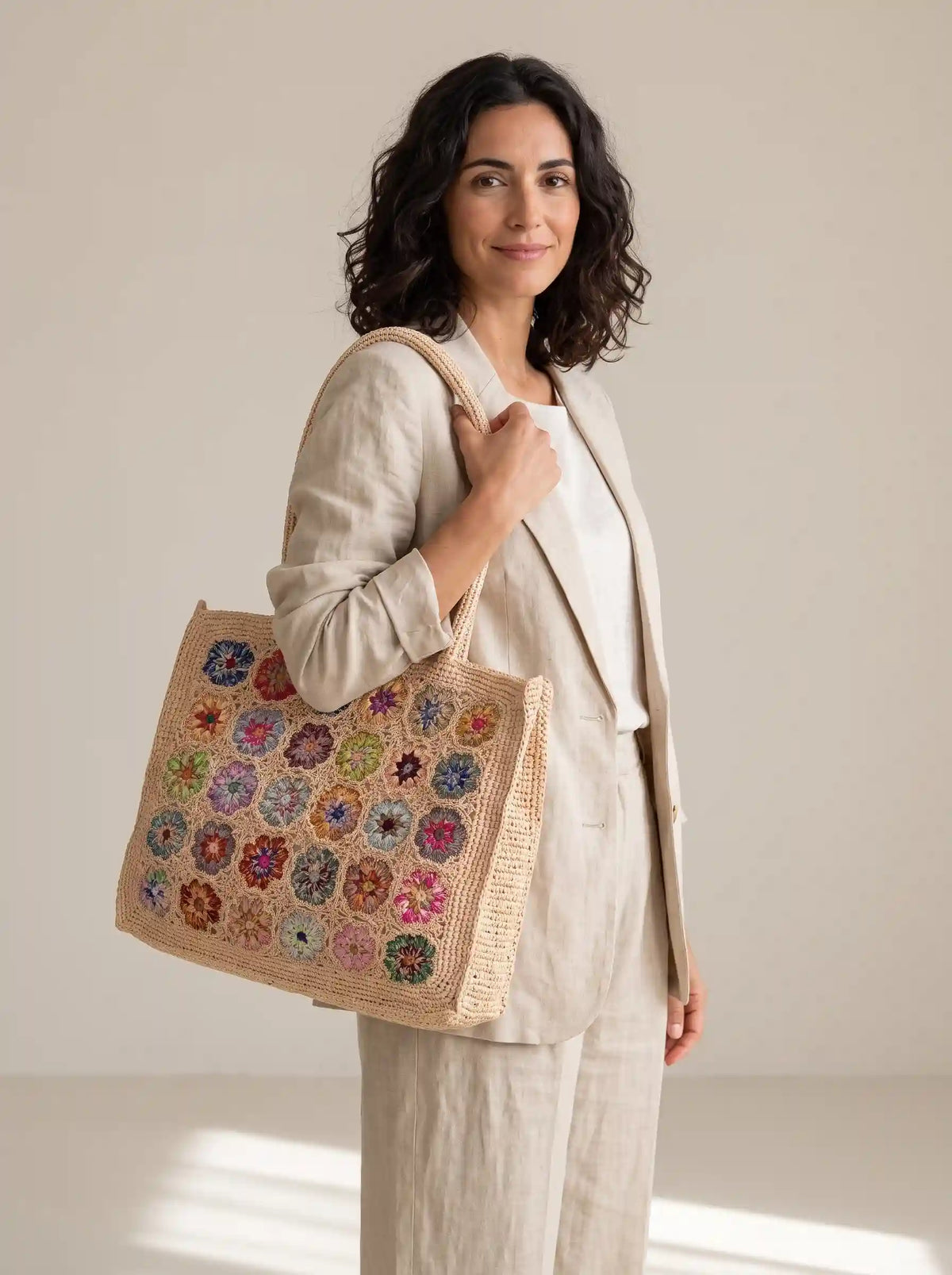 Handmade Floral Crochet Raffia Tote Bag
