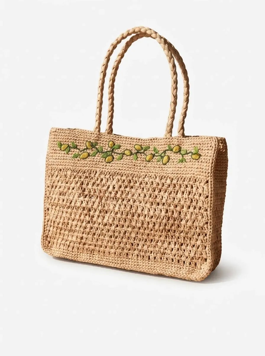 Artisan Floral Embroidered Raffia Tote