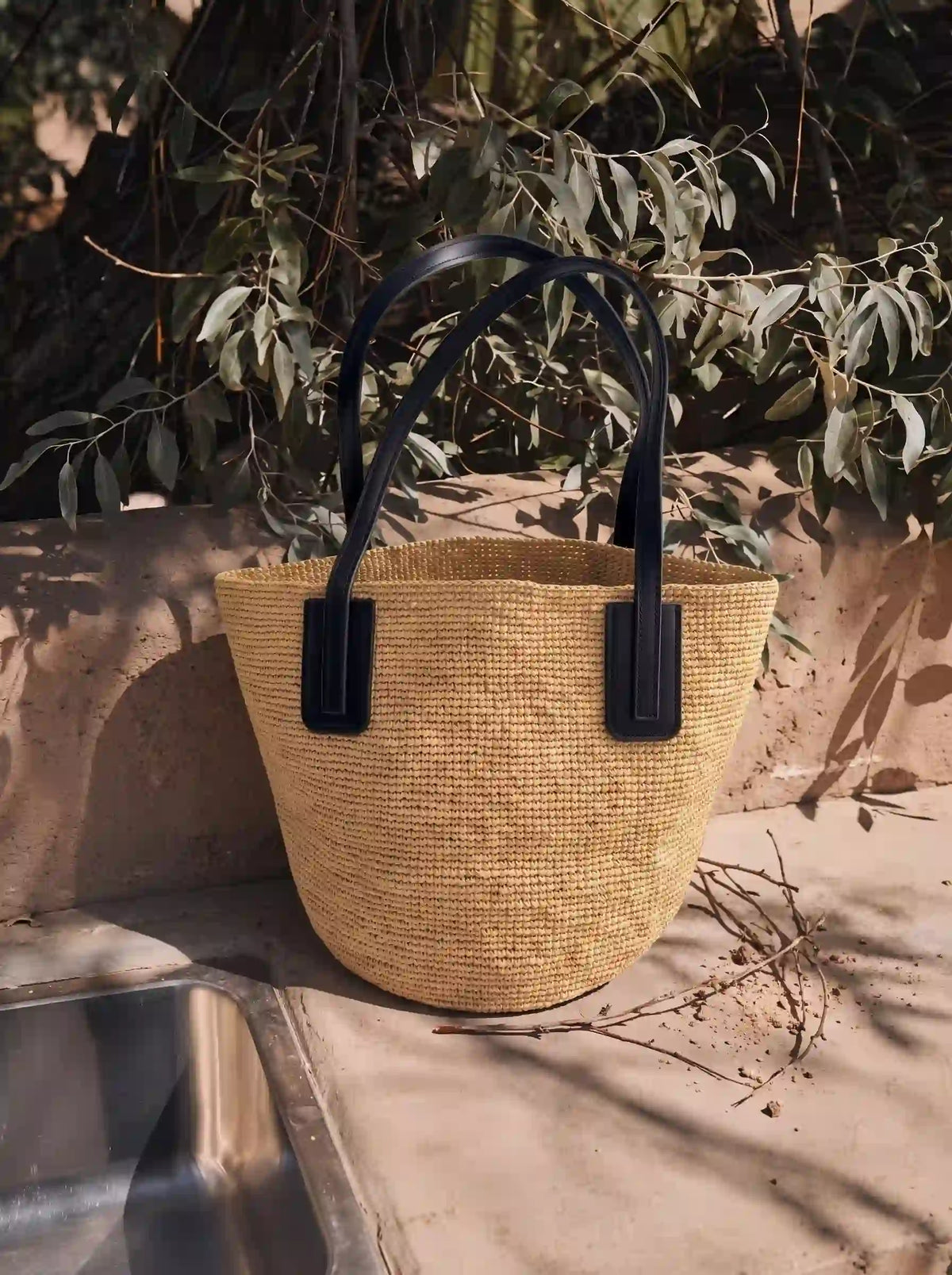Handwoven Raffia Tote with Leather Straps