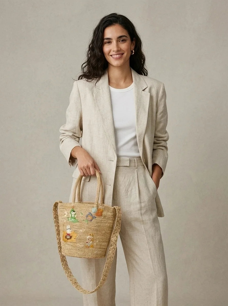 The Fiorella Embroidered Raffia Bucket Bag