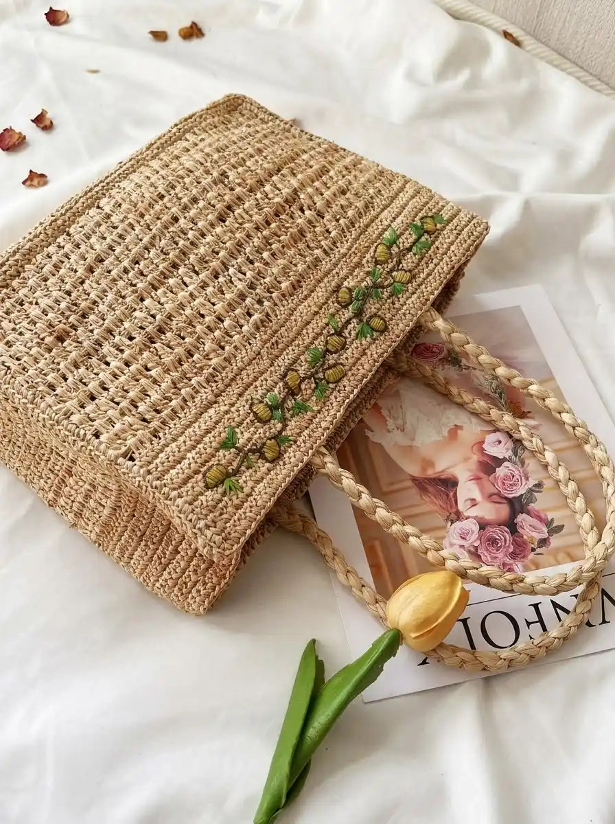 Artisan Floral Embroidered Raffia Tote