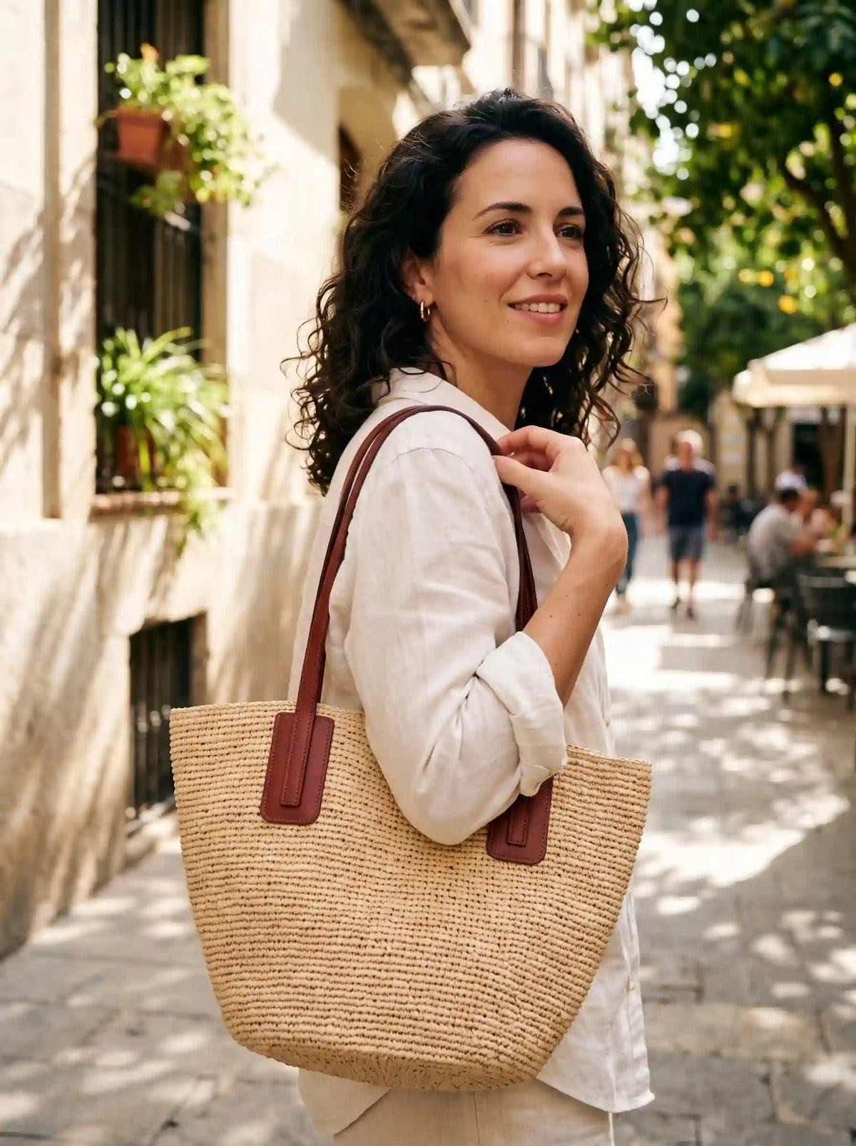 Handwoven Raffia Tote with Leather Straps