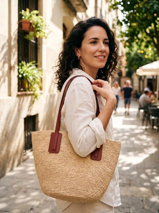 Handwoven Raffia Tote with Leather Straps