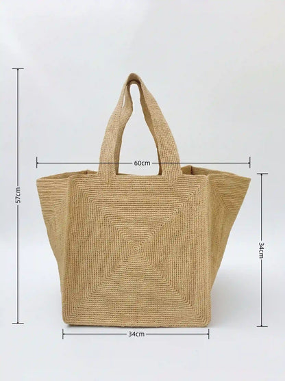 Natural fiber raffia tote bag size reference showing 60cm width 57cm height and 34cm depth with spiral weave detail