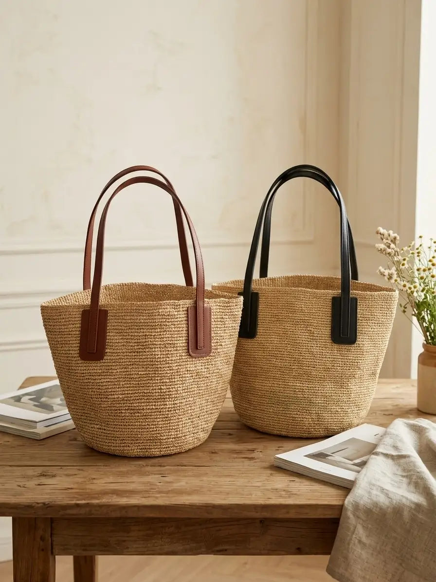 Handwoven Raffia Tote with Leather Straps