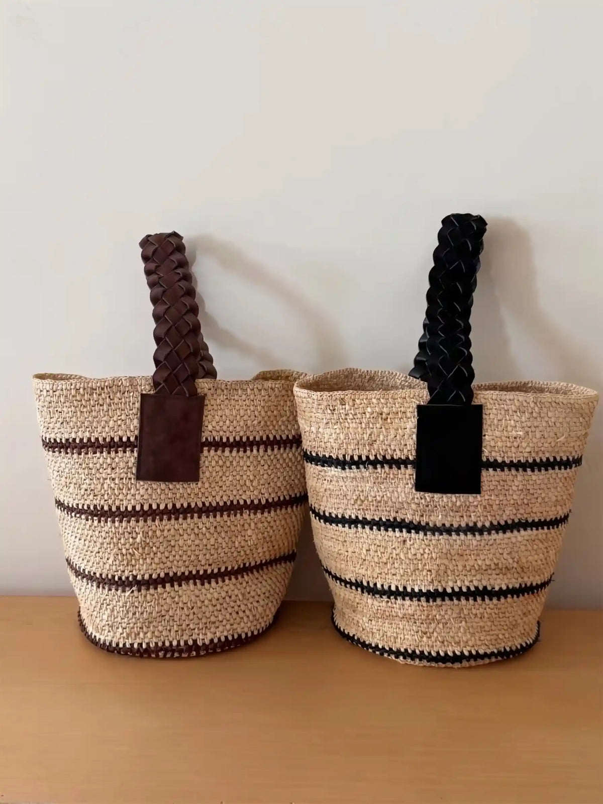 Handwoven Striped Raffia Bucket Bag