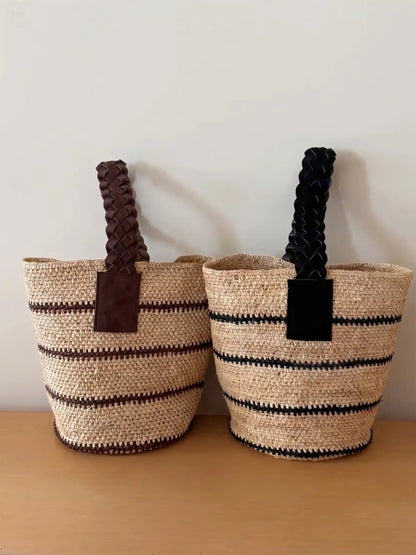 Handwoven Striped Raffia Bucket Bag