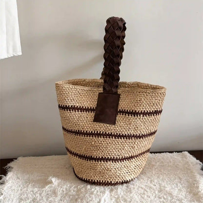 Handwoven Striped Raffia Bucket Bag