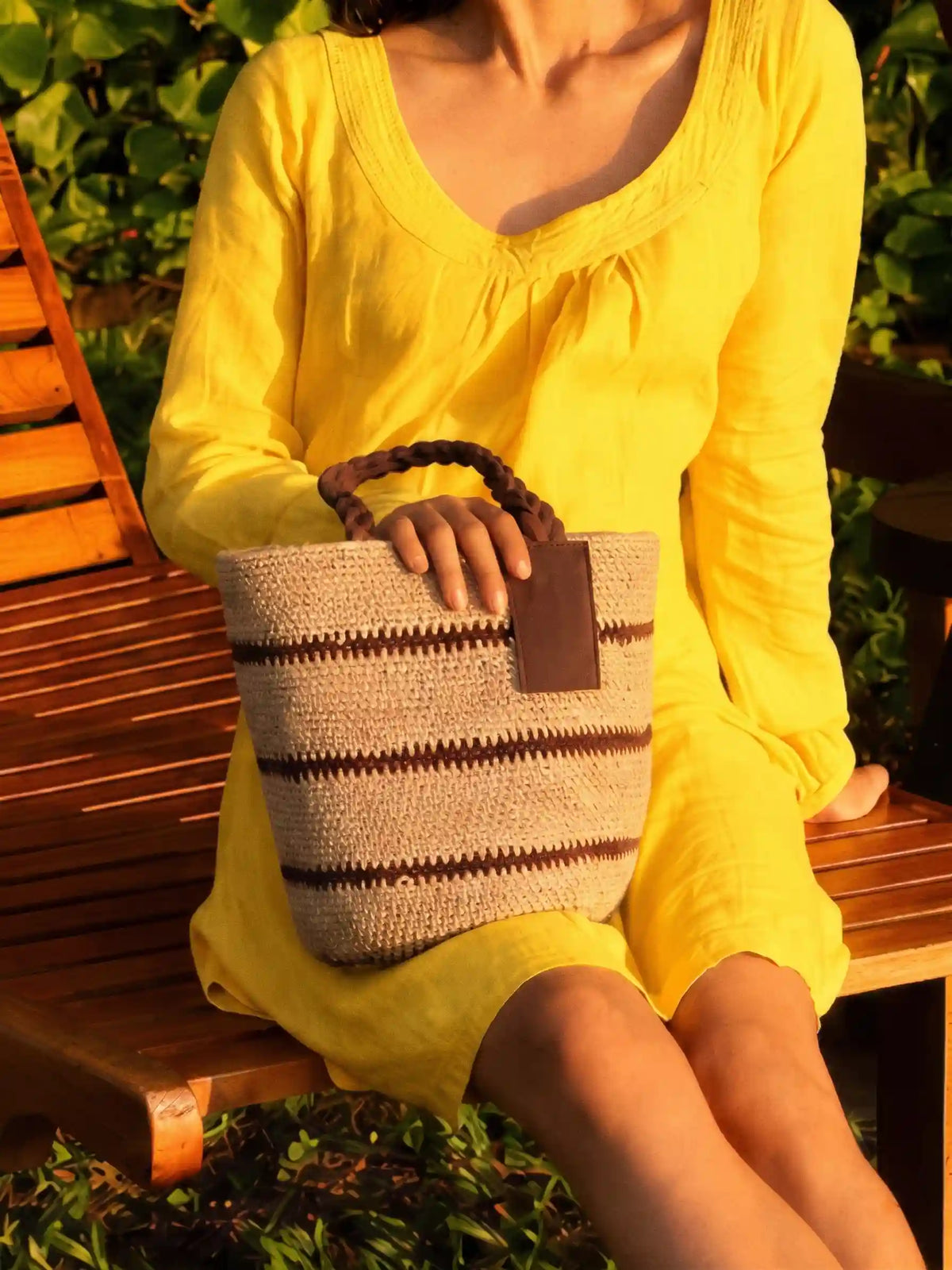 Handwoven Striped Raffia Bucket Bag