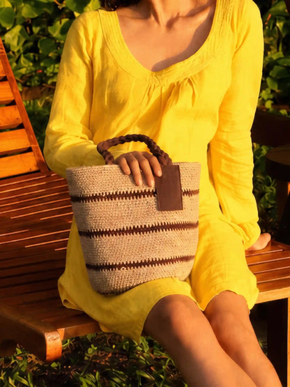 Handwoven Striped Raffia Bucket Bag
