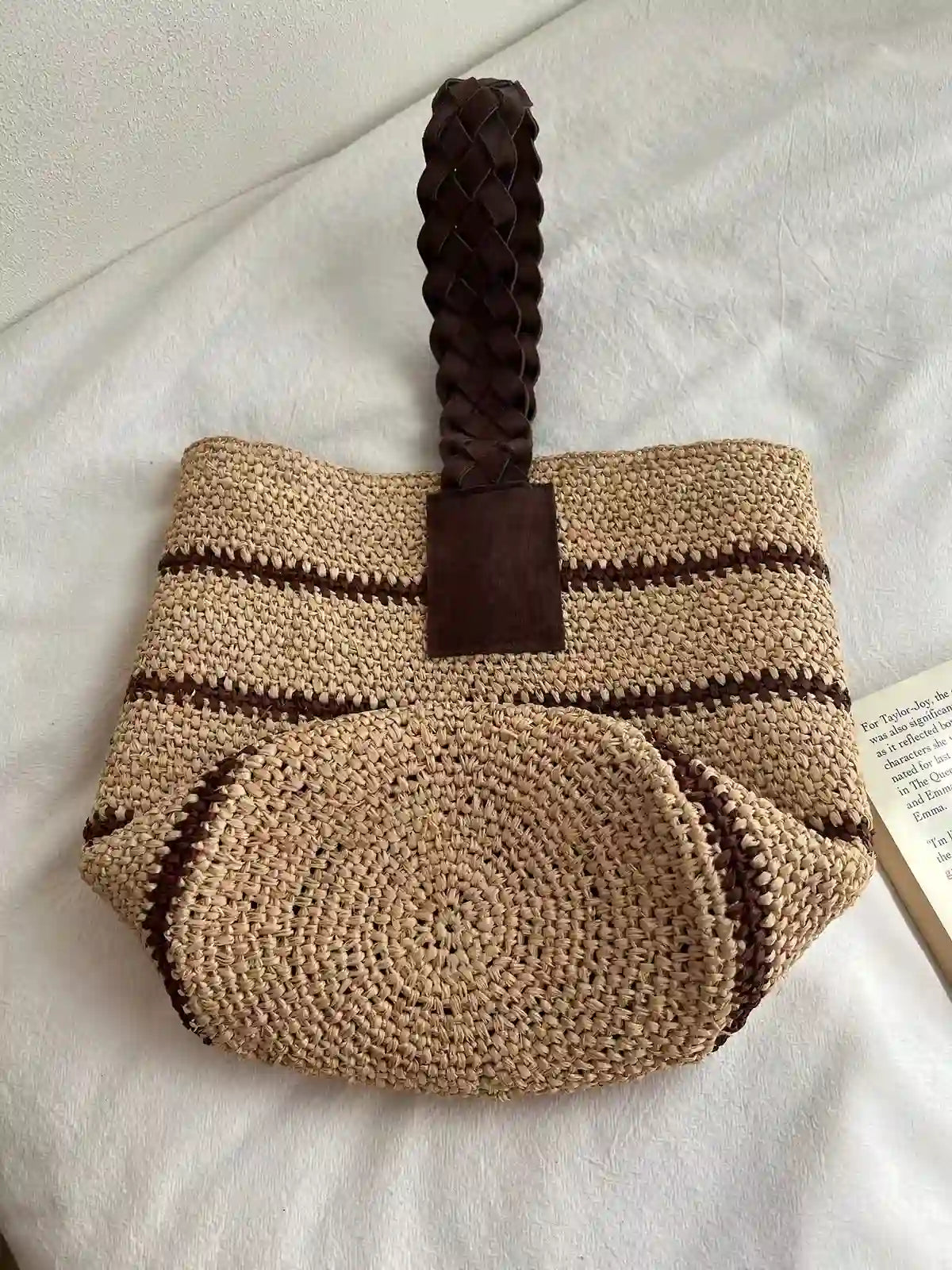 Handwoven Striped Raffia Bucket Bag