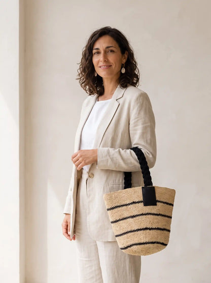 Handwoven Striped Raffia Bucket Bag