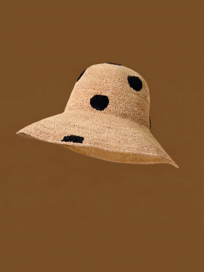 Vintage polka dot sun hat – handwoven raffia straw wide brim – summer beach vacation accessory
