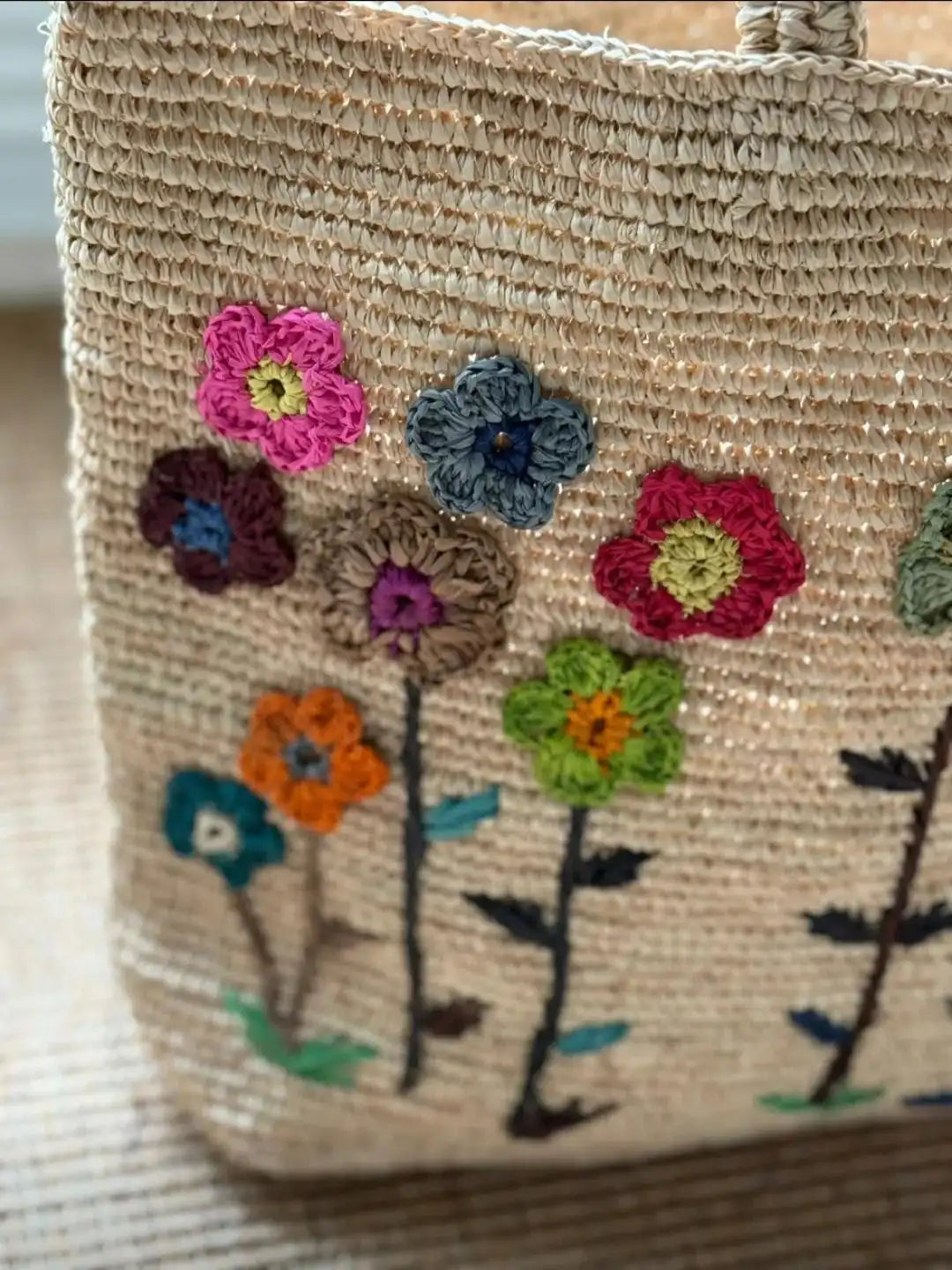 Hand-Embroidered Floral Raffia Tote