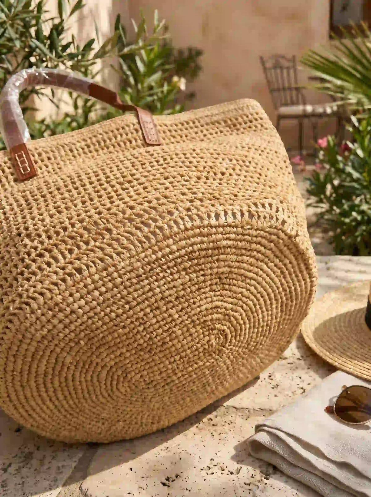 Handwoven Raffia Tote with Genuine Leather Handles