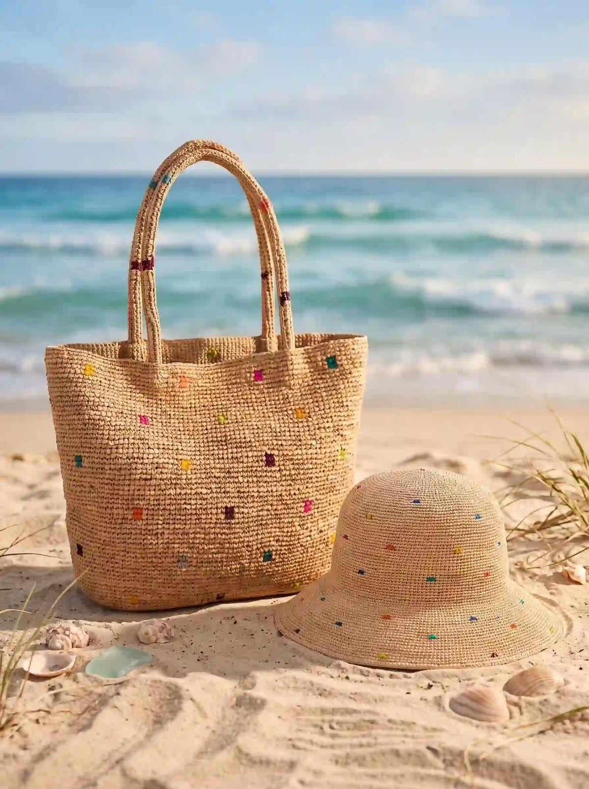Die Rainbow Dot gewebte Raffia-Kollektion