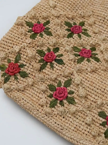 Handwoven Rose Raffia Tote Bag