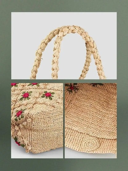 Handwoven Rose Raffia Tote Bag