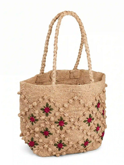 Handwoven Rose Raffia Tote Bag