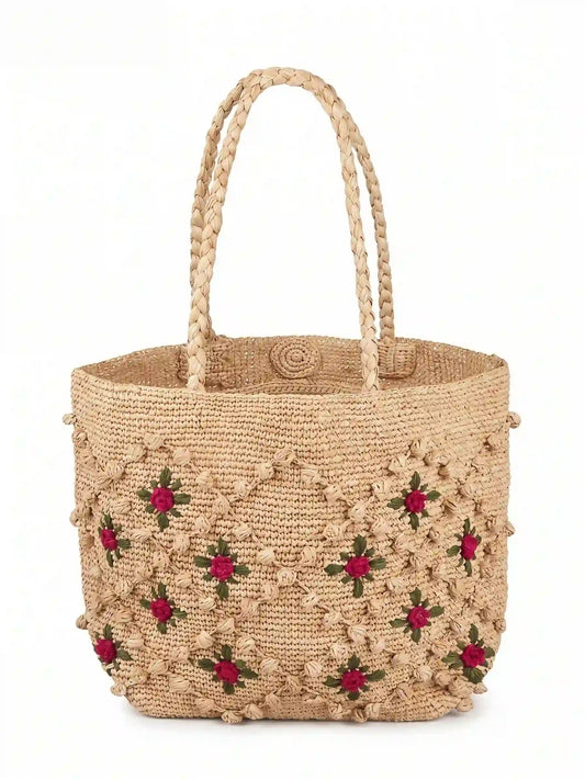 Handwoven Rose Raffia Tote Bag