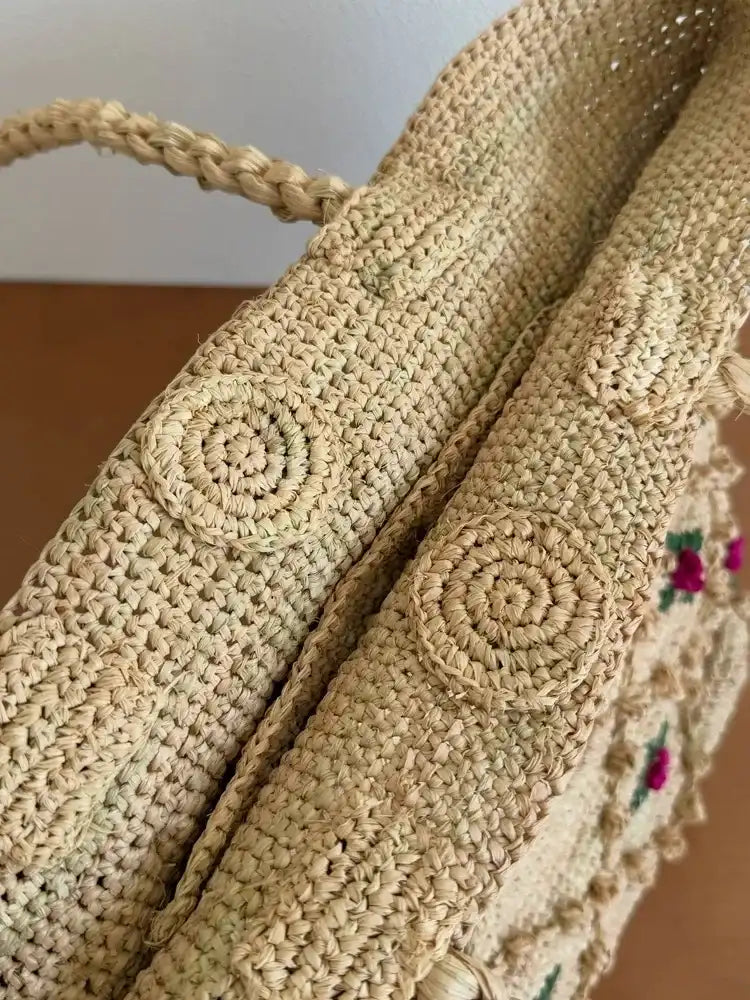 Handwoven Rose Raffia Tote Bag