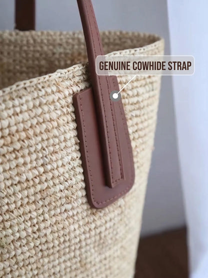 Handwoven Raffia Tote with Leather Straps