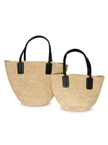Handwoven Raffia Tote with Leather Straps