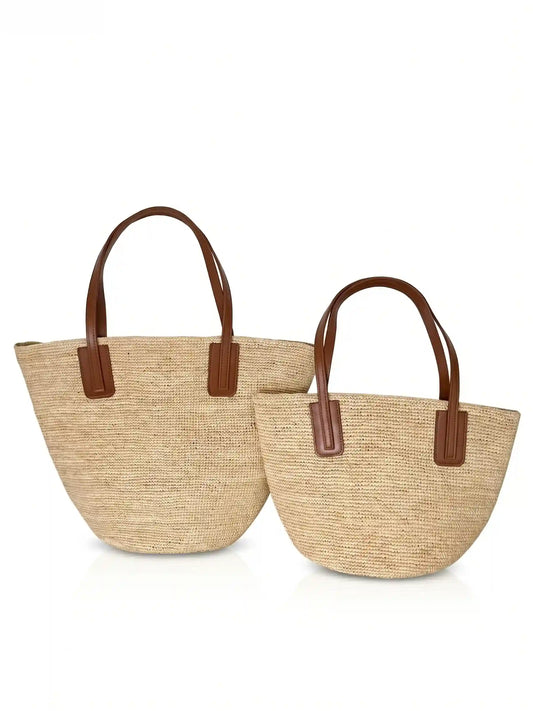 Handwoven Raffia Tote with Leather Straps
